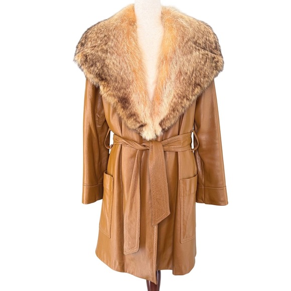 Joseph Magnin Jackets & Blazers - Joseph Magnin Vintage 70s Leather Trench Fox‎ Fur Collar Belted Size 10